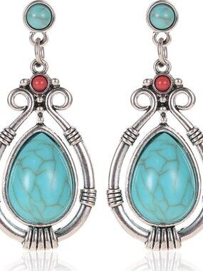 Boho Oval Stone Turquoise Red Drop Silver Earrings